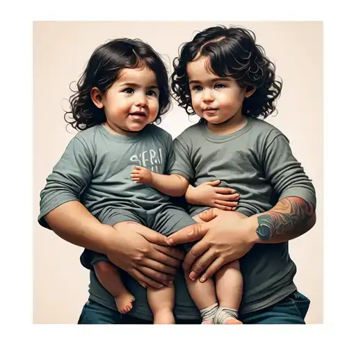 Father Holding Kids In Hands Holding