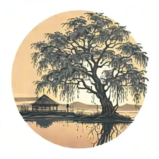 Weeping Willow Tree At Sunset With Couple Sitting