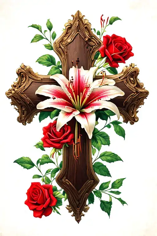Cross With Roses And Red Spider Lily