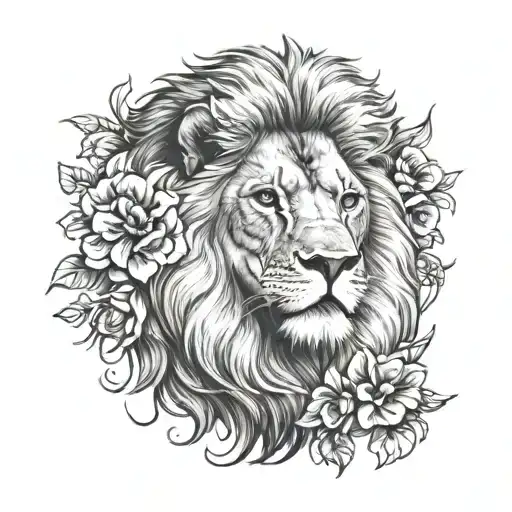 Lion Head With Flowers Behind It