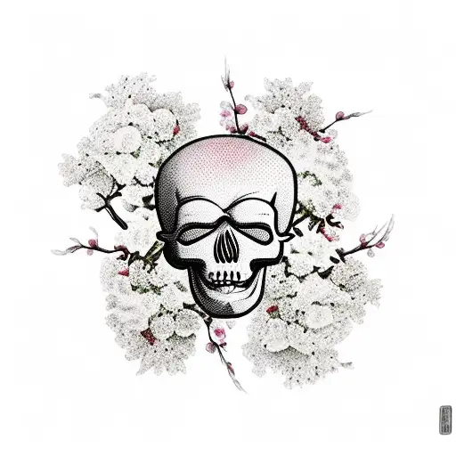Cherry Blossoms Around Skull In Oni Mask