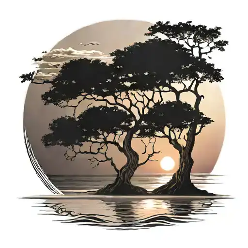 A Serene Beach Scene At Sunset With A Majestic Tree Of Life In The Background