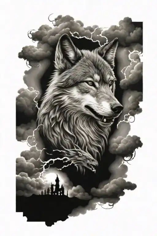 Wolf With Dragon Lightning And Clouds
