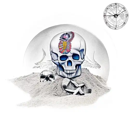 Raven With Sand Clock And Skull