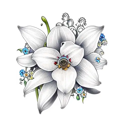 A Bouquet Of Lily Of The Valley And Forget Me Nots And Sunflowers And Poppies