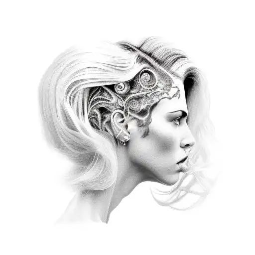 Black And Grey Eve With Hair Blown Back And White O