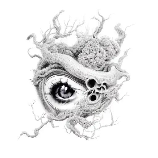 Black And Grey Eve With Hair Blown Back And Eyes Rolled Back Holding A Rotting Apple