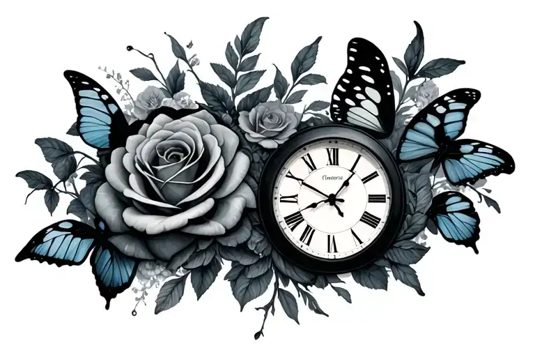 Clock Roses Butterflies