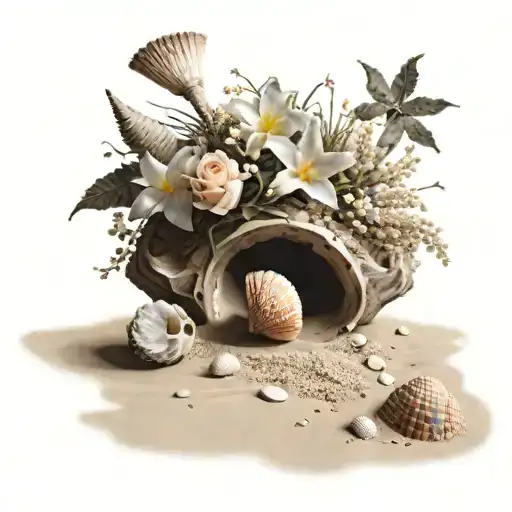 A Beach Scene With Seashells Scattered In The Sand And Flowers Blooming In The Background