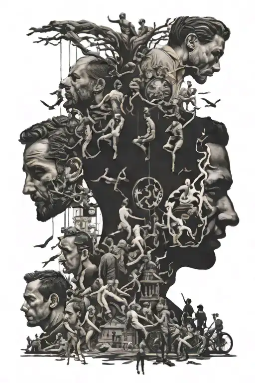 A Black Silhouette Of A Man With Other Silhouettes Of People Hanging Over Him