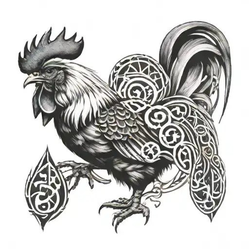 A Realistic Portrait Of A Rooster With Magical Runes And Symbols Incorporated Into The Design