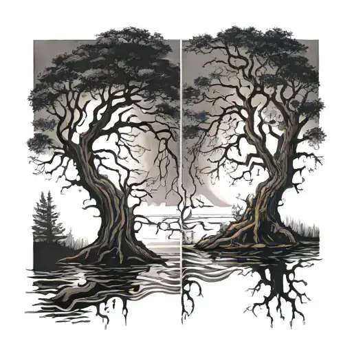 Tree In Water Reflecting Each Other Half Spooky Moon Scary Woods Freaky Voodo
