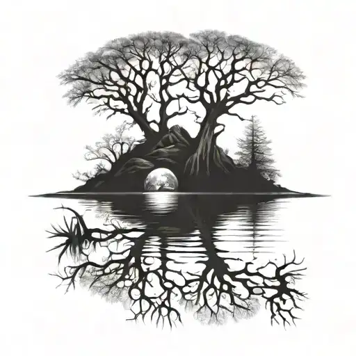 Tree In Water Reflecting Each Other Half Spooky Moon Scary Woods Freaky Demonic