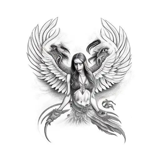 Realistic Scorpio Goddess With An Eagle Perched On Her Shoulder Surrounded By Phoenix And Fire