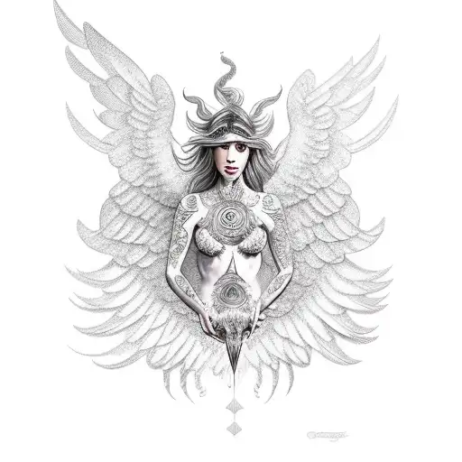Scorpio Goddess With An Eagle Wings Surrounded By Phoenix