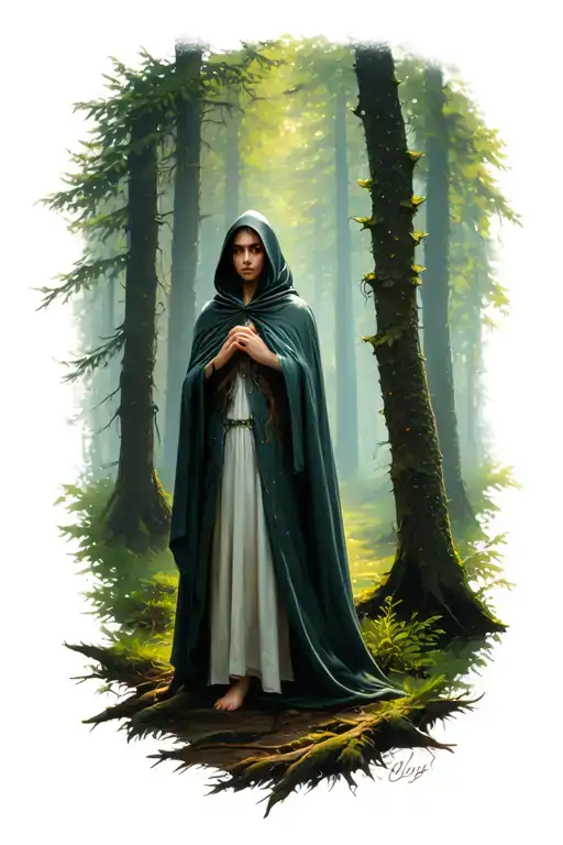 Mystical Woman With Cloak And Hood In A Forest Clearing
