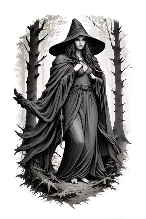 Witch Woman With Cloak And Hood In A Forest Clearing
