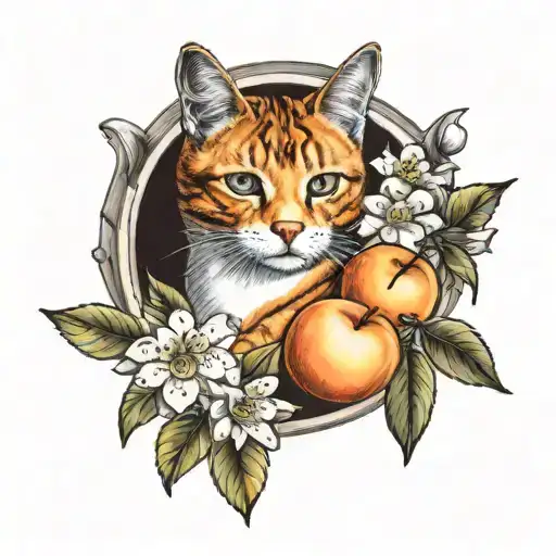 Orange Cat And Peach Blossoms And Peach