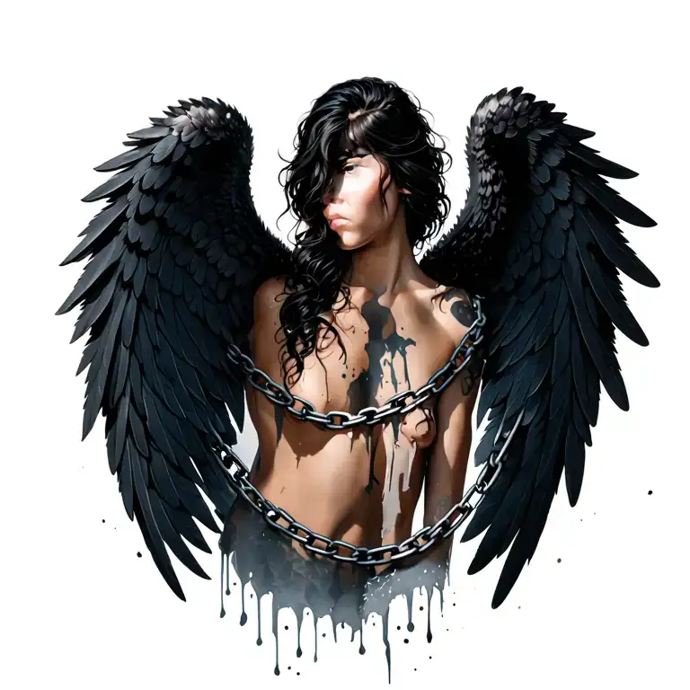Fallen Black Angel Wing Chained With Damaged And Missing Feathers