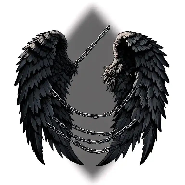 Fallen Black Angel Wing Chained With Damaged And Missing Feathers