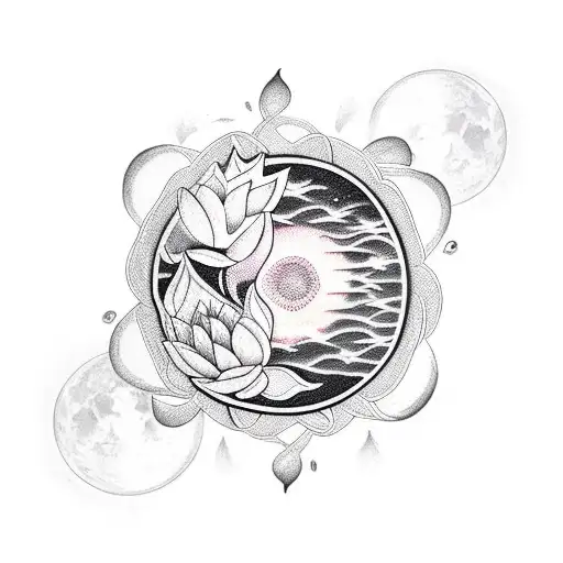 Moon With Lotus And Sea