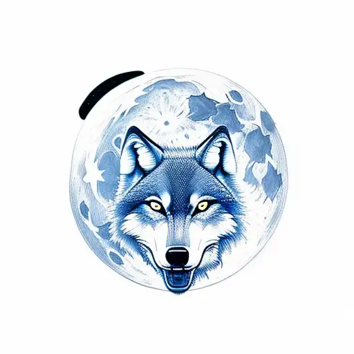 A Minimalist Tattoo Of A Wolf Howling At The Moon In A Sci-fi Setting