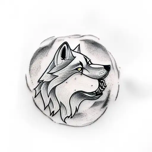 A Minimalist Tattoo Of A Wolf Howling At The Moon In A Sci-fi Setting
