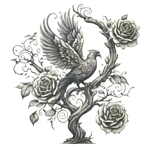 A Phoenix Tree Intertwined With Roses Symbolizing Rebirth And Love