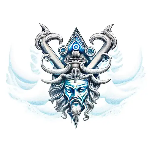 Poseidon Trident With A Ships Rudder And Ocean Waves