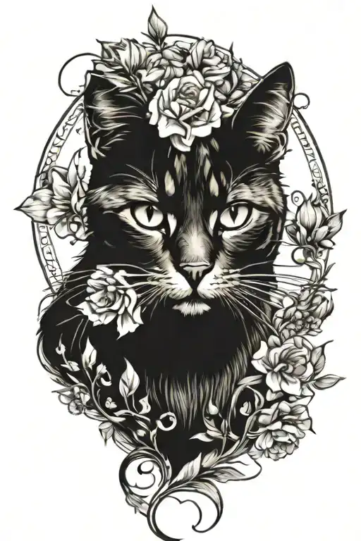 Cat In Flowers With Moon