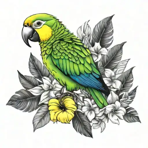 Green Parrot With Yellow Head Surrounded By Black And White Tropical Flowers