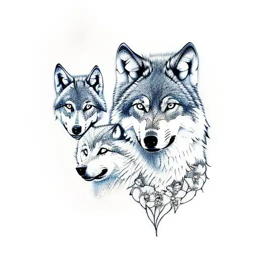 Wolf Mother With Two Pups With Forest Background