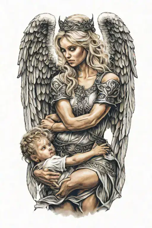 Sexy Blonde Female Angel Warrior Holding Baby