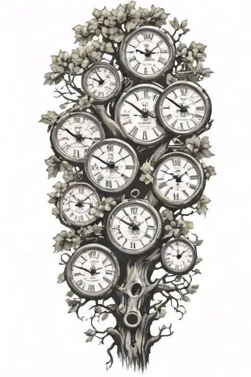 Oak Tree Branches With Three Clocks Integrated Into It For An Arm Sleeve