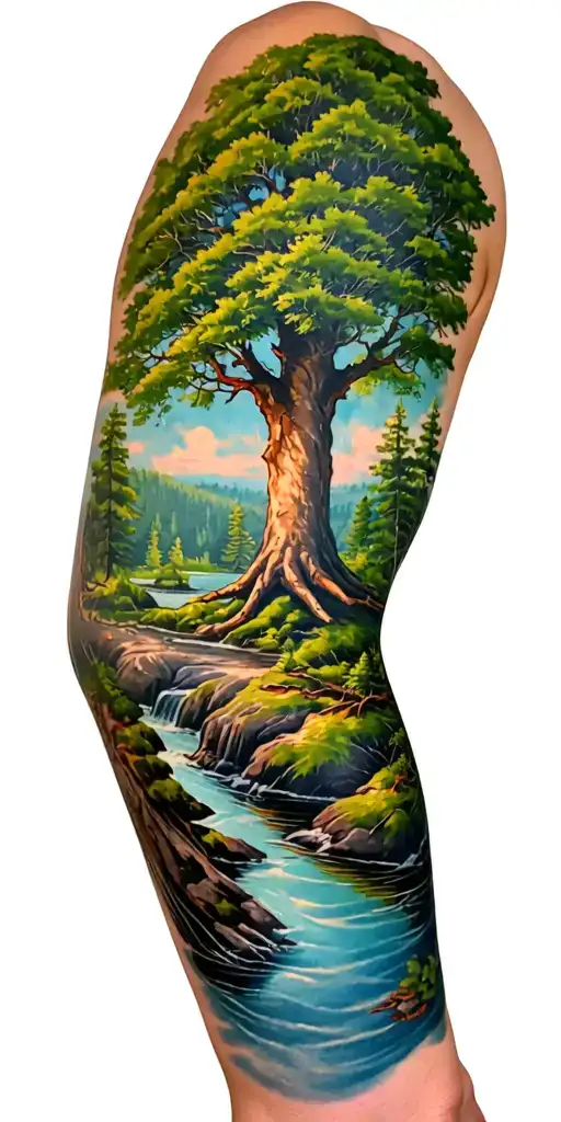 Tree On Shoulder River On Wrist Arm Sleeve Tattoo Featuring A Giving Tree