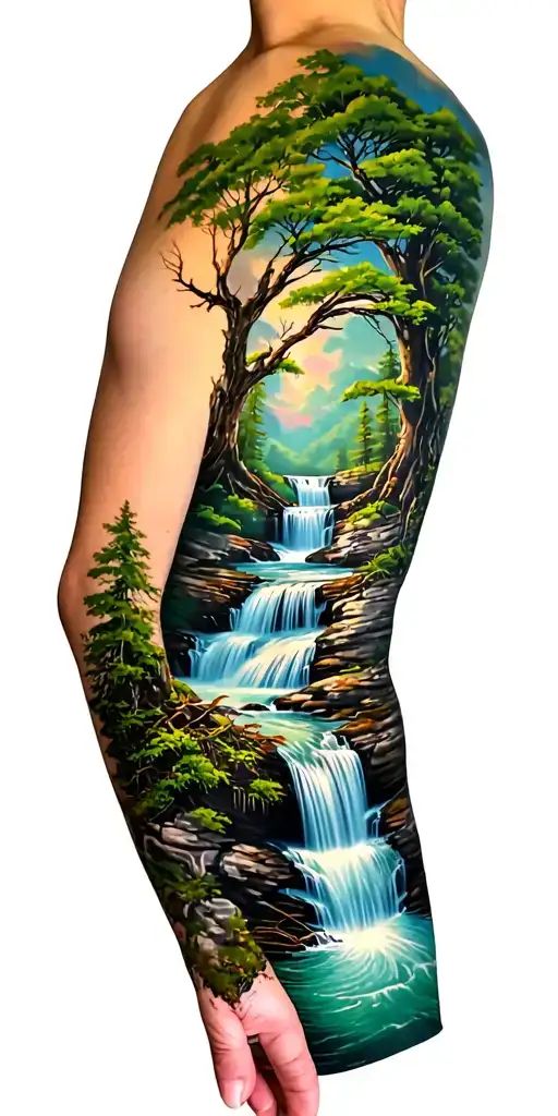 Tree On Shoulder River On Wrist Arm Sleeve Tattoo Featuring A 4 Stream Waterfall
