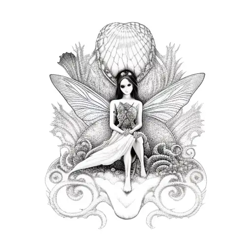 Fairy Sits On A Monster's Big Palm And Holds A Large Shell