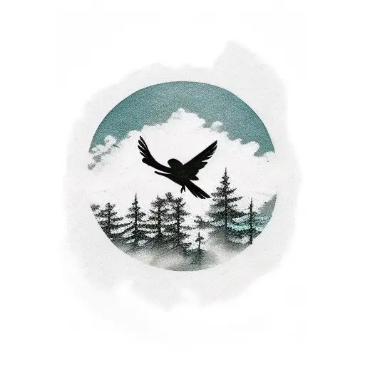 Crow Flying Over Lake And Trees