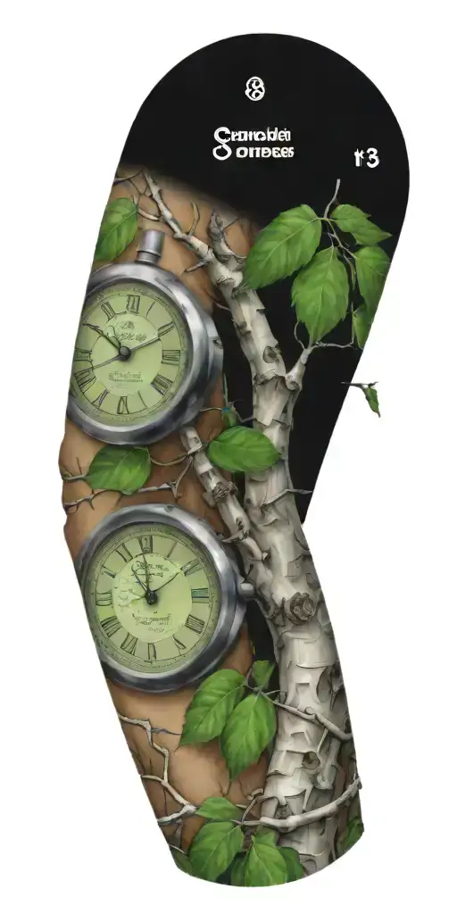 Birch Tree Branches And Green Leaves With Only 3 Clocks Integrated Into It For An Arm Sleeve
