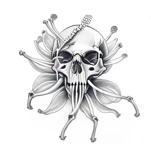 Skeleton Hands Breaking Apart A Skull With A Spider Lily In The Skulls Mouth