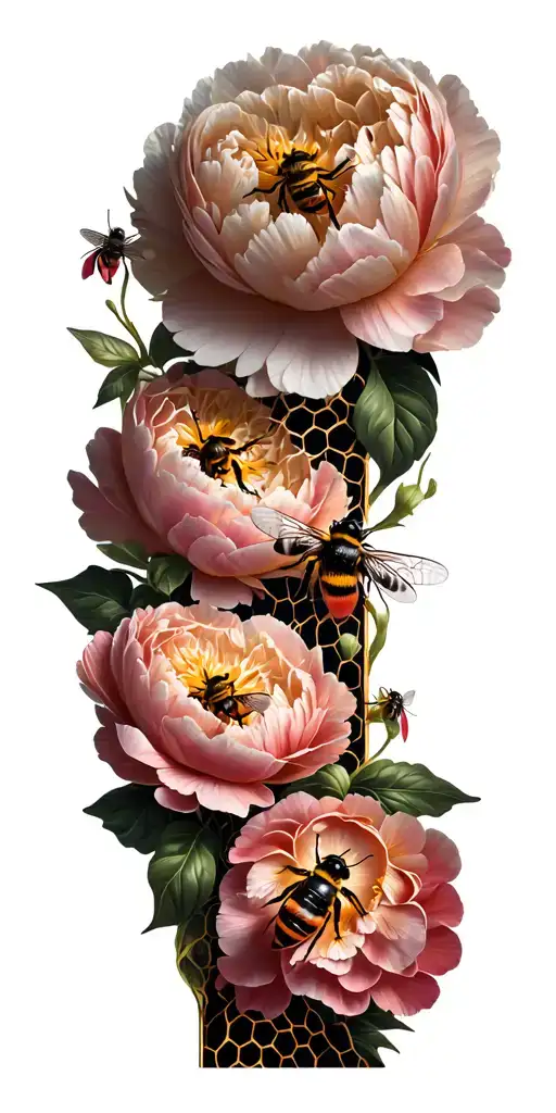 Honey Comb With Bees And Peonies