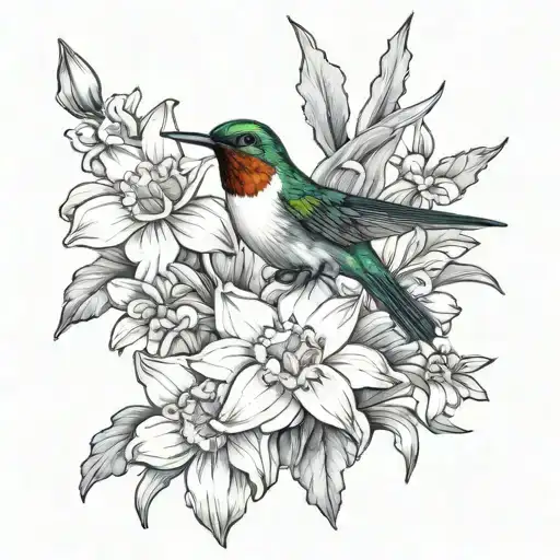 2 Daffodil Flowers And Honeysuckle Flowers With A Hummingbird
