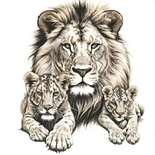 Lion With 3 Cubs With All Blues Eyes Surrounded