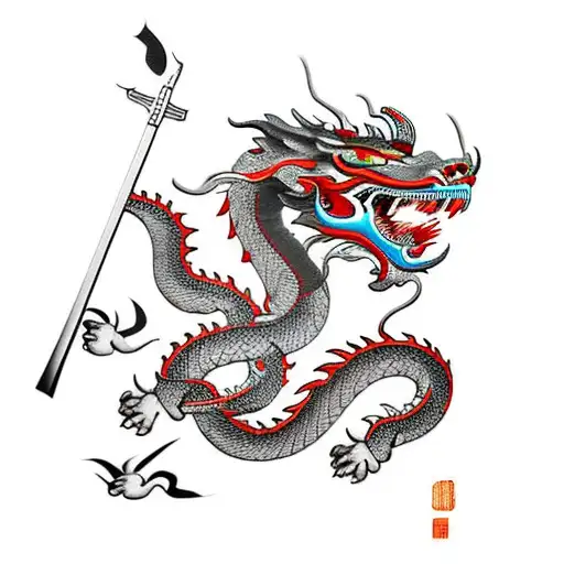 Chinese Mountain Ranges Featuring A Samurai And Dragon Flying Overhead