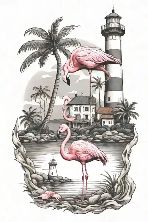 Flamingo And Lighthouse Surrounded
