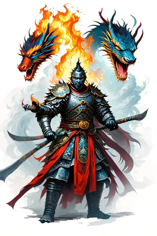 Japanese Warrior In Armor And Two Dragon Breathing Fire