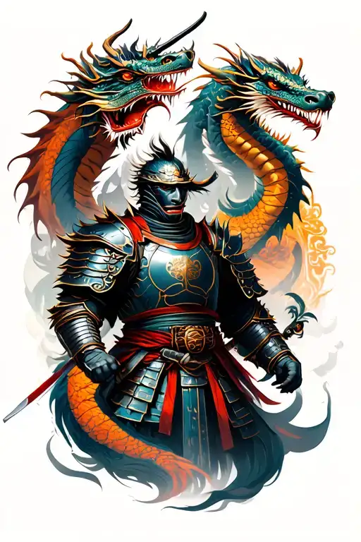 Japanese Ronin In Armor And Two Surrounded Dragon