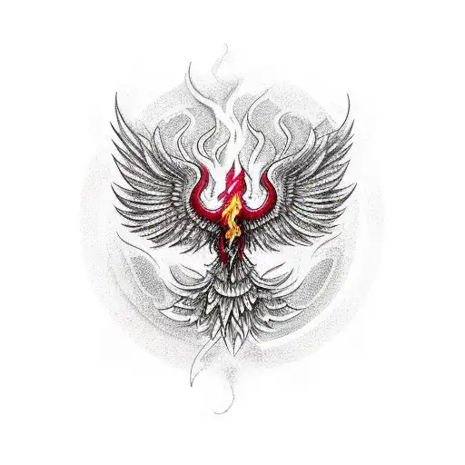 Phoenix Rising From Ashes In Shades Of Red And Yellow