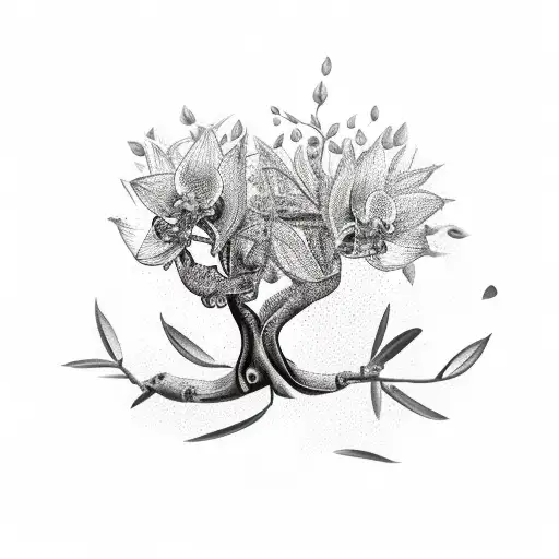 Olive Tree Trunk With Orchid Petals