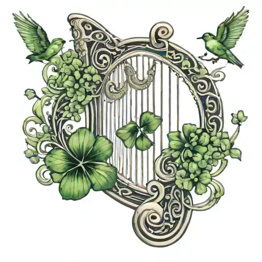 Harp And Birds With Shamrock Intertwined